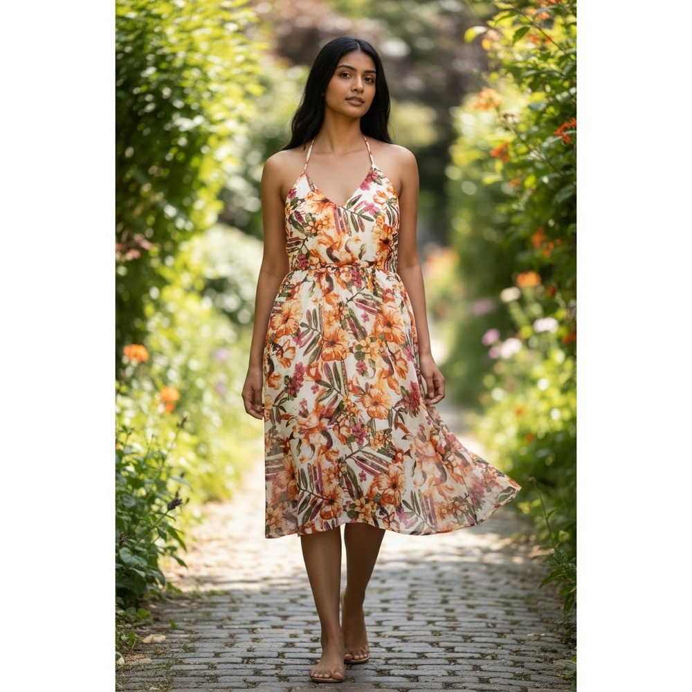 Tropical Floral Strappy Cage Back Midi Dress Orange Pink Green Handkerchief Hem